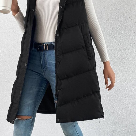 Black Casual Women's Zip Up Slant Pocket Sleeveless Hooded Padded Coat - Picture 3 of 4